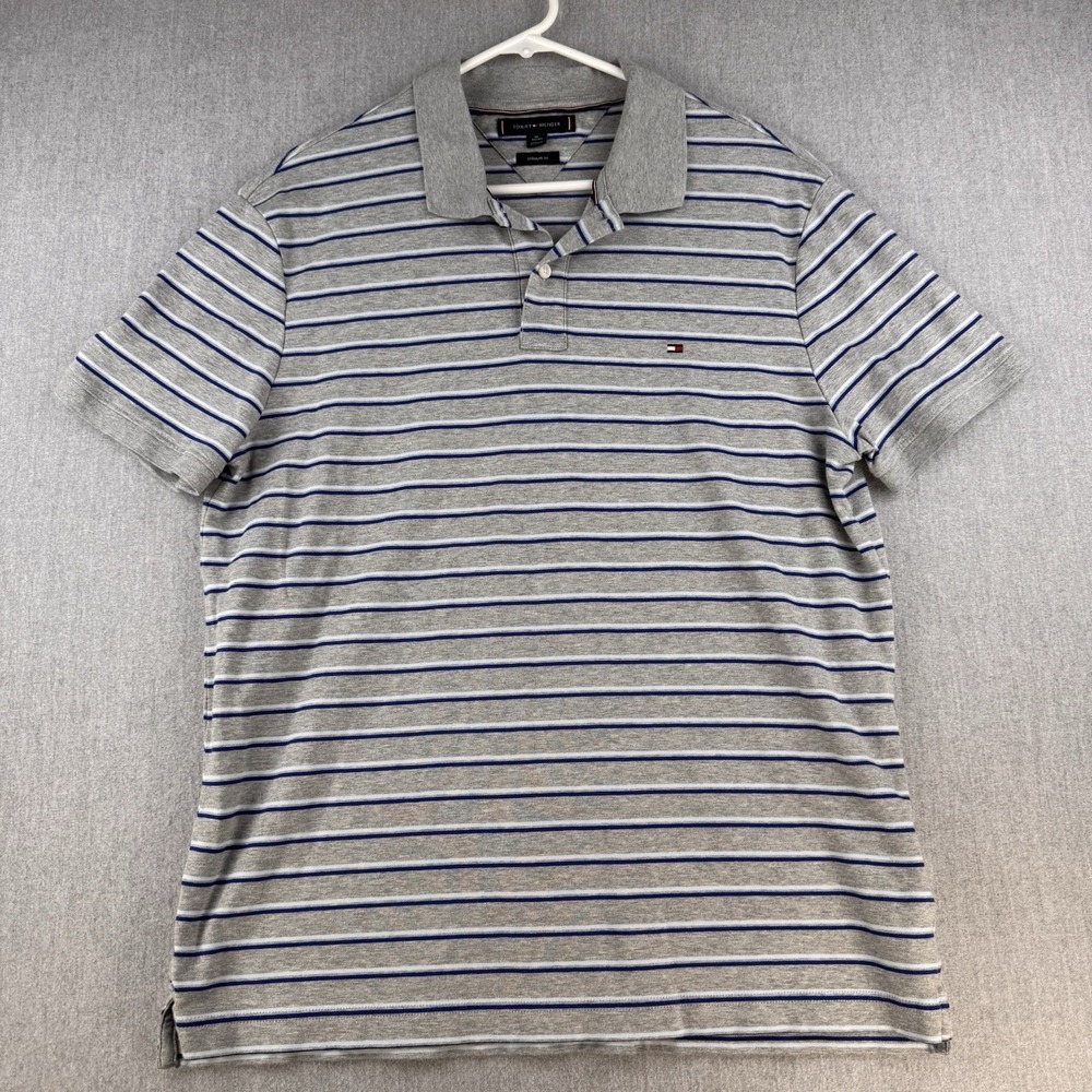 Tommy Hilfiger Polo Shirt Men's XL Gray Blue Striped Regular Fit Logo